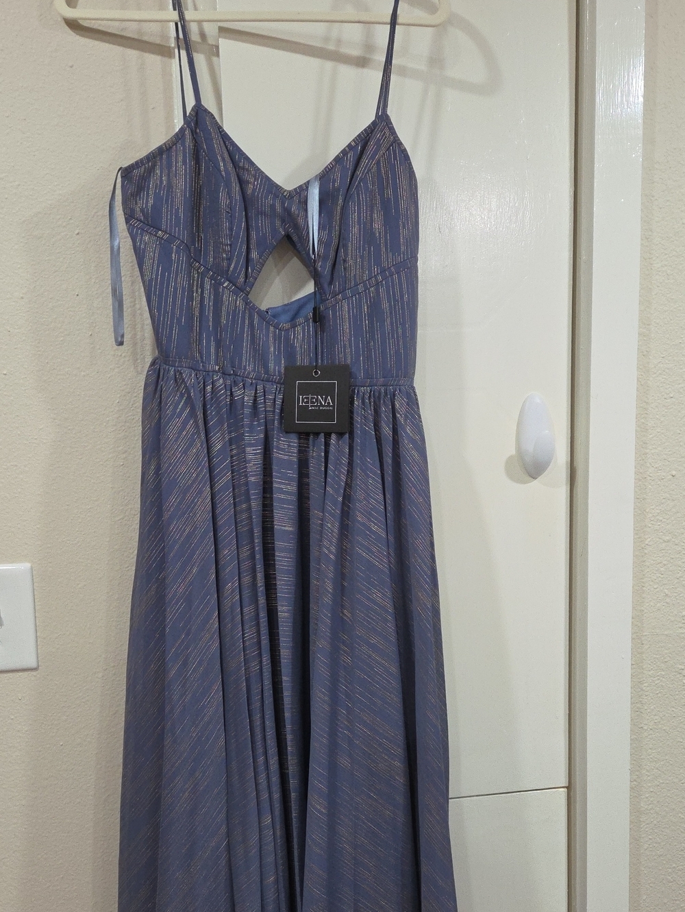 Ieena For Mac Duggal Navy Striped Spaghetti Strap Cutout Maxi Dress